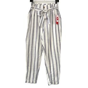 NEW Hot Kiss Stripe Cotton Paperbag Pant Belted High Rise Baggy Straight White 9